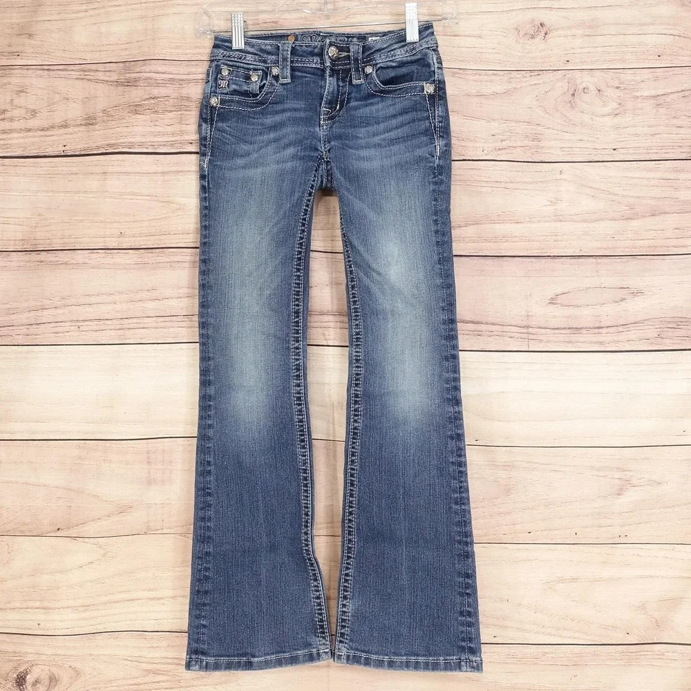 Miss Me Jeans Girls 10 Blue Bootcut Rhinestone Cross Back Pocket Stretch Denim